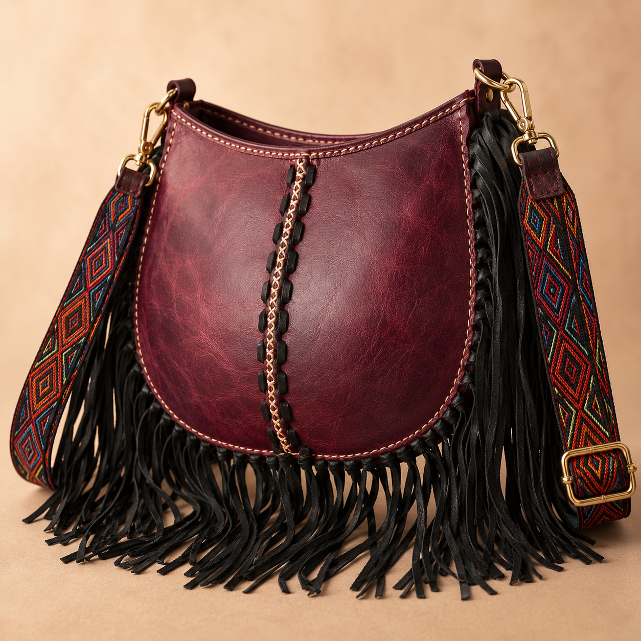Boho Hobo Bag aus echtem Rindsleder mit Fransen